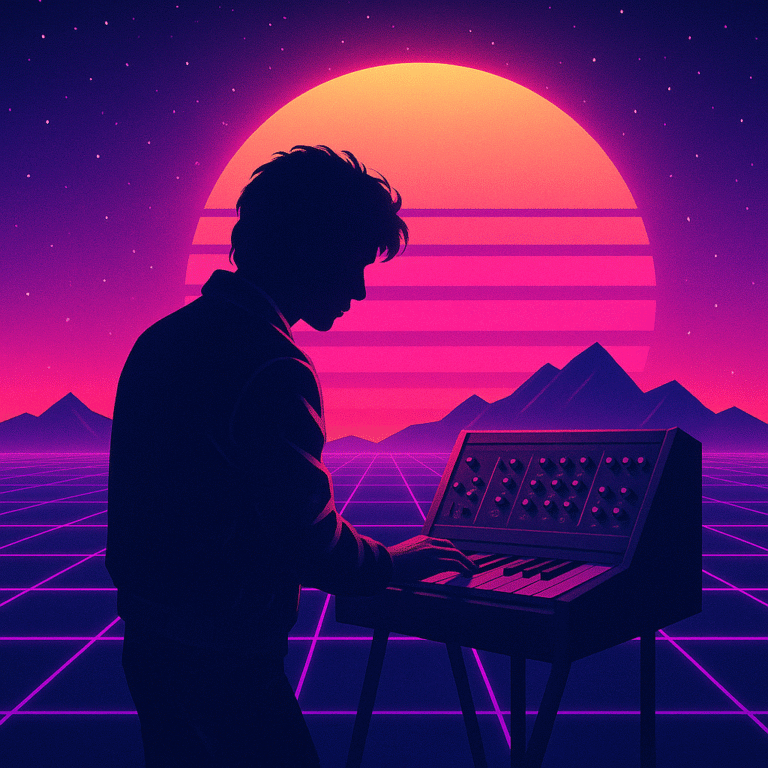 a man playing an 80s synthesizer