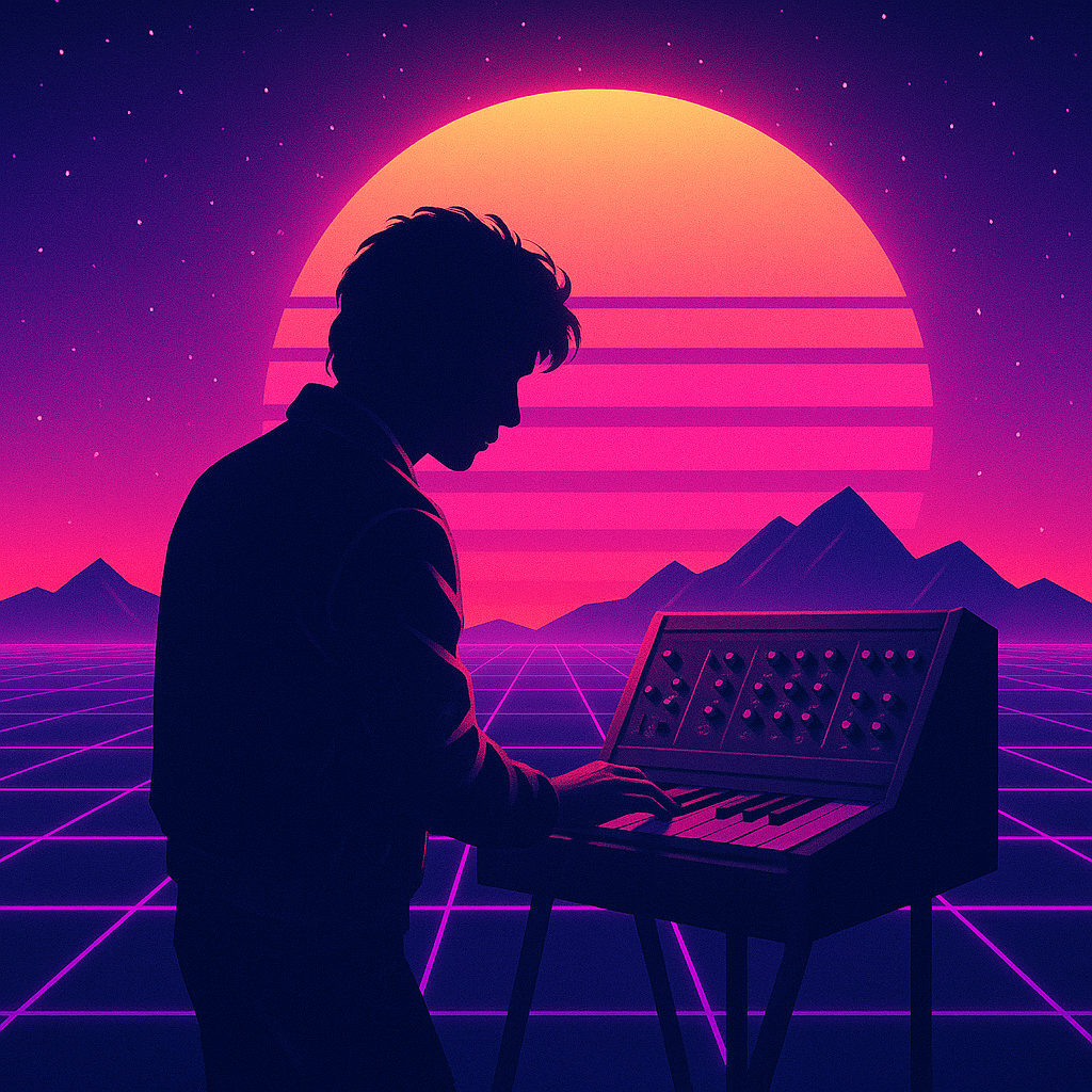 a man playing an 80s synthesizer
